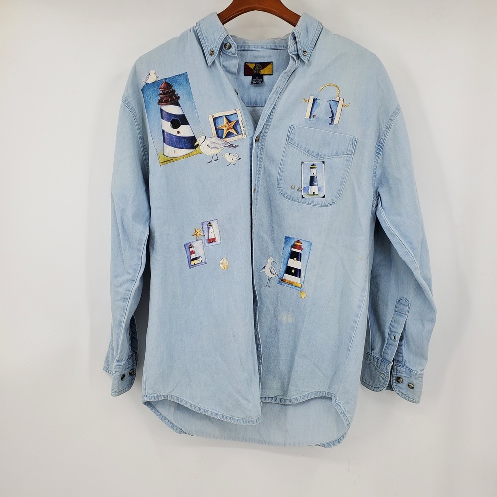 Vintage Camp Creek Lighthouse Nautical Denim Button Down Shirt Light Wash M